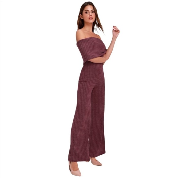 Lulu’s Off Shoulder Burgundy Ribbed Knit Wide Leg Jumpsuit - Picture 2 of 8